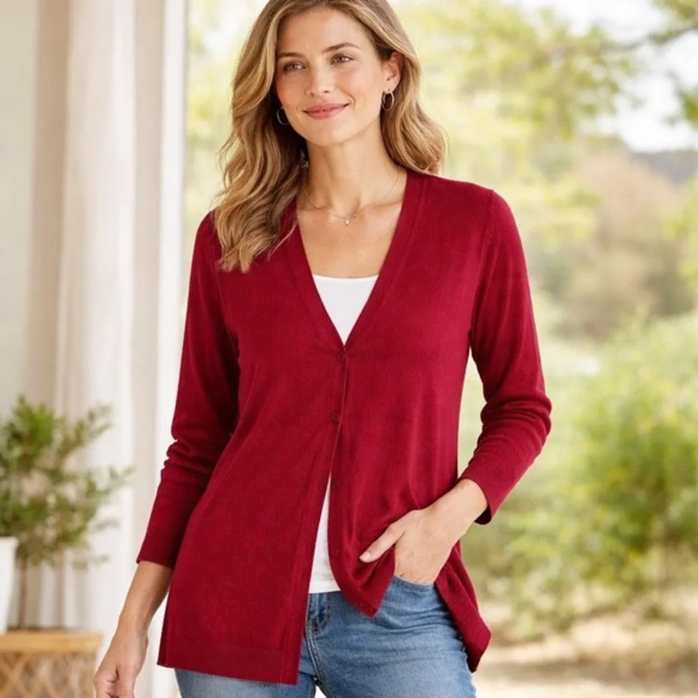 J. Jill Large Red Wool‎ Blend Button Front Cardigan Sweater Women's L